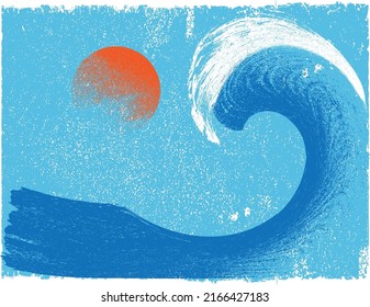 Ocean, sun and Blue Abstract Waves . Sunset Logo Element. Surfing Icon . Brush Stroke wave . Vector Illustration. 