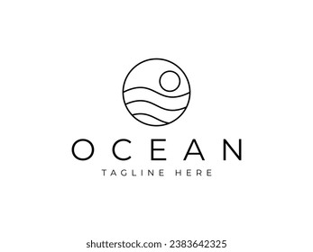 ocean with the sun in circle creative line art logo design