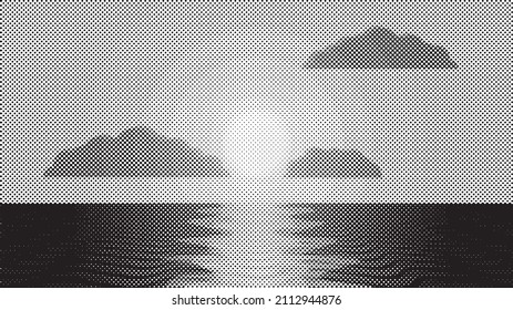 Ocean, sun, clouds and  Abstract Waves . Sunset Logo Element. Halftone dots background . Vector Illustration. 