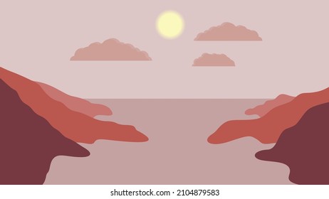 Océano, sol, nubes y montañas. Elemento de logotipo del atardecer.  Ilustración vectorial. 
