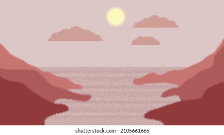 Ozean, Sonne, Wolken und Berge . Sunset Logo Element.  Vektorgrafik. 