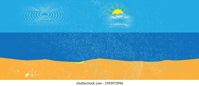 Océano, sol, nubes y playa de arena. Logo de Sunset. Ilustración vectorial. 