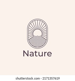 Ocean Sun line outline Logo Design, sea line outline logo