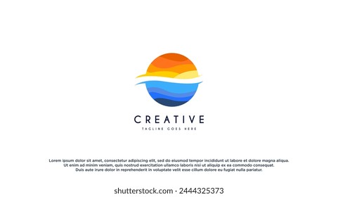 Ocean with sun rays and wave logo design vector illustration.
