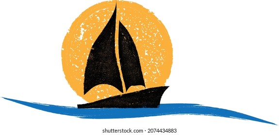 Ocean, sun, sailing boat and Abstract Waves . Grunge Logo Element. Sailboat on the sea in sunset . Brush Stroke . Vector Illustration. 