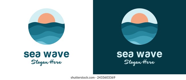Ocean with sun or surfing logo design template