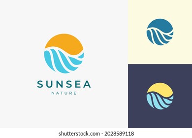 Ocean with sun or surfing logo template in circle and abstract shape