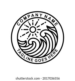 Ocean Sun Wave with line art style ,Stamp Emblem logo design vector