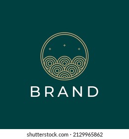 Ocean Sun Wave line outline Logo Design Template
