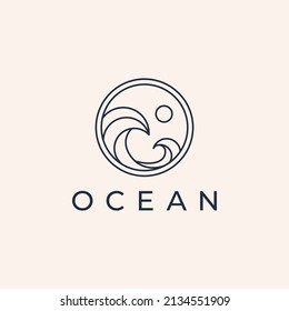 Ocean Sun Wave line outline Logo Design Template

