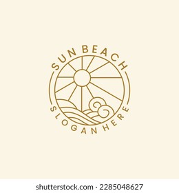 Ocean Sun Wave line outline Logo Design Template vintage vector .