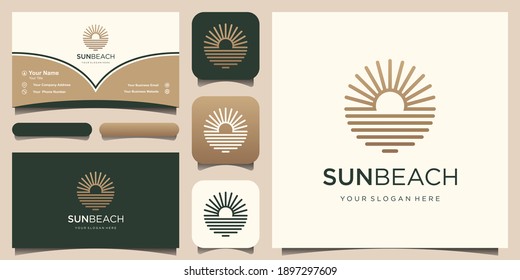 Ocean Sun Wave Logo Design Template and business card design