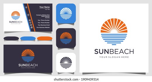 Plantilla de diseño de logotipos de olas de Ocean Sun y diseño de tarjetas de visita