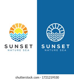 Ocean Sun Wave Logo. sunset nature sea with line version logo Design vector Template