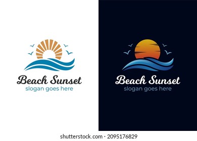 Logo de Ocean Sun Wave. logotipo de la naturaleza de la puesta de sol del mar Diseño vector plantilla
