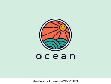 Ocean Sun Wave Minimalist Logo Sticker Design Template
