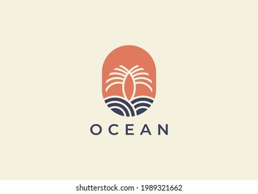 Ocean Sun Wave with palm tree Logo Design Template
