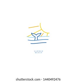 ocean sun wave with whale tail simple beach, surf logo design. hipster beach shirt design
