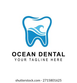 Diseño de logotipo dental de océano, sol y olas. Logotipo dental minimalista con olas azules, océano y sol. Perfecto para clínicas dentales y negocios profesionales de salud oral que quieren una sensación de océano.