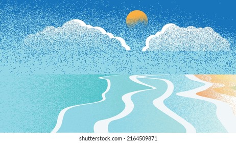 Ocean, Sun, Waves And Sandy Beach. Sunset Logo  . Vector Illustration. 