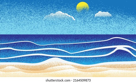 Ocean, Sun, Waves And Sandy Beach. Sunset Logo  . Vector Illustration. 