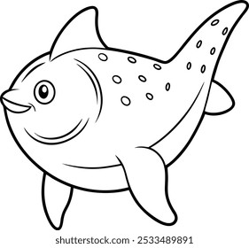 An ocean sunfish outline vector art and line art illustration design. Black and white cartoon sunfish character, coloring book for children.