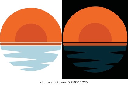 Ocean Sunrays Retro Sunset , Clipart Water Waves Sun Rise  Graphic
