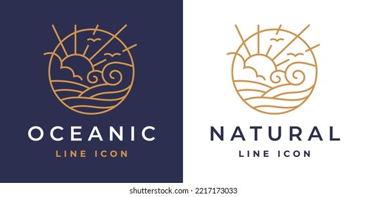 Ocean sunrise line icon. Beach waves logo. Seaside sun rays emblem. Abstract Natural surf symbol. Sun and sea nature sign. Vector illustration.