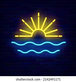 Ocean sunrise neon icon. Shiny sun and water waves logo. Summer concept. Season vacation. Beach club. Night bright signboard. Glowing effect banner. Editable stroke. Vector stock illustration
