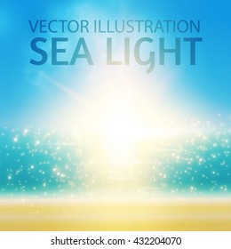 Ocean Sunrise. Shining Sun, Sea and Sky. Paradise Design. Vector illustration