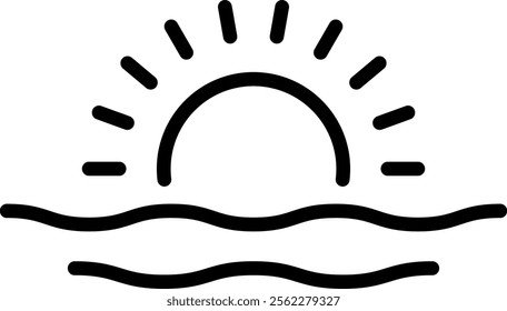 Ocean sunset line icon. Water waves and sun outline vector sign. Nature seascape linear style pictogram. Symbol, logo illustration. Editable stroke.