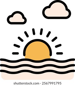 Ocean sunset line icon. Water waves, sun and clouds outline vector sign. Nature seascape linear style pictogram. Symbol, logo illustration. Editable stroke.