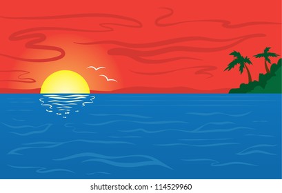 Ocean sunset scene with red sky
