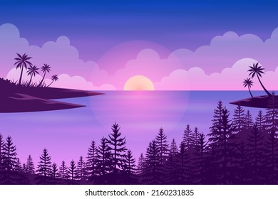 Ocean sunset or sunrise with beautiful Purple sky and tropical pine forest