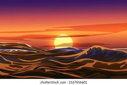 Ocean sunset vector background with waves