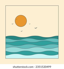 Ocean sunset view aesthetic colorful illustration postcard