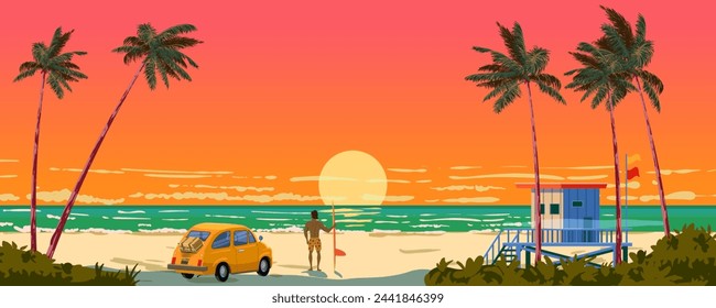 Vista al mar al atardecer en la playa de arena, surfista, palmeras, torre de salvavidas, coche, costa, horizonte
