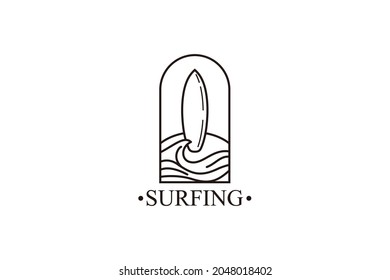 ocean surf line art logo vector illustration design, beach logo design