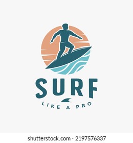 Ocean surf logo vector illustration design, Sea sun and man surfer logo design