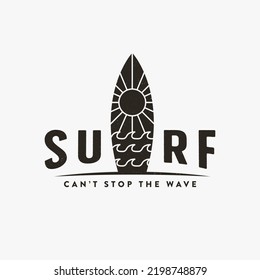 Ocean surf logo vector illustration design, surfing board sun and wave logo icon design