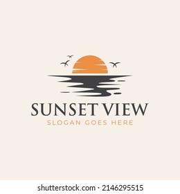 ocean surf vector element logo design for summer beach with sunset, vacation logo illustration
