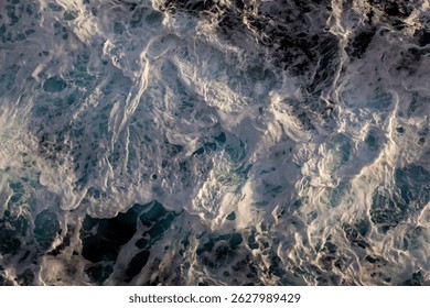 Ocean surface background. Top view of picturesque foamy water. Can be used in covers, packaging, posters, textures, banners, art and design projects. Vibrant vector illustration.