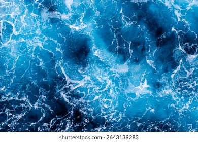 Ocean surface background. Top view of stylish foamy water. Can be used in covers, packaging, posters, textures, cards, art and design projects. Mesmerizing vector illustration.