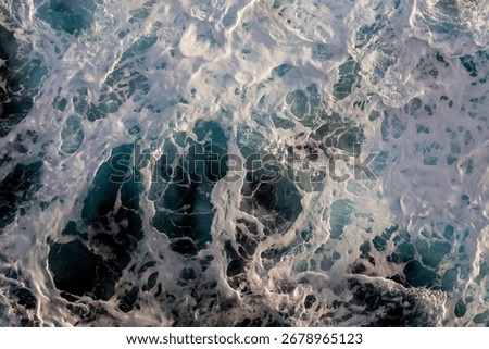 Ocean surface background. Top view of breathtaking foamy water. Can be used in covers, packaging, posters, textures, banners, art and design projects. Picturesque vector illustration.