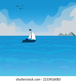 Ocean surface calm middle sea with yacht, clouds, hills, summer cartoon abstract background vector art.
