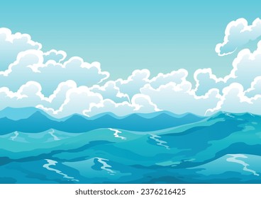 Superficie oceánica o paisaje. Olas de agua, cielo azul y gráficos de nubes blancas, paisaje marino de dibujos animados o paisaje acuático. Ilustración vectorial del océano duro