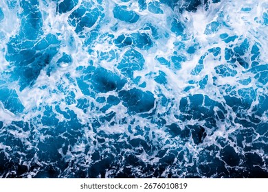 Ocean surface texture. Top view of stunning water with foam. Can be used in covers, packaging, posters, textures, brochures, art and design projects. Classy vector illustration.