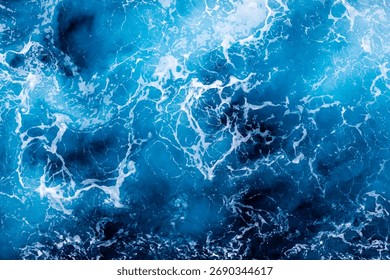 Ocean surface texture. Top view of vibrant water with foam. Can be used in covers, packaging, posters, textures, brochures, art and design projects. Stylish vector illustration.