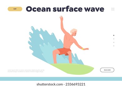 Ocean surface wave landing page website template with man character surfer on board design