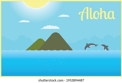 The ocean surface wave is smooth. Underwater cartoon liquid drawing of river and sea vector background. Mountains, dolphins and bright sun. Cartoon marine illustration. Vector eps 10